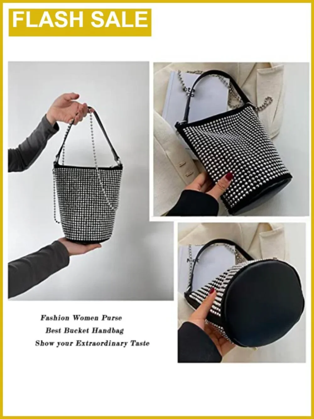 Rhinestone Studded Hobo Bag with Chain, Faux Suede and Faux Leather, Bling
